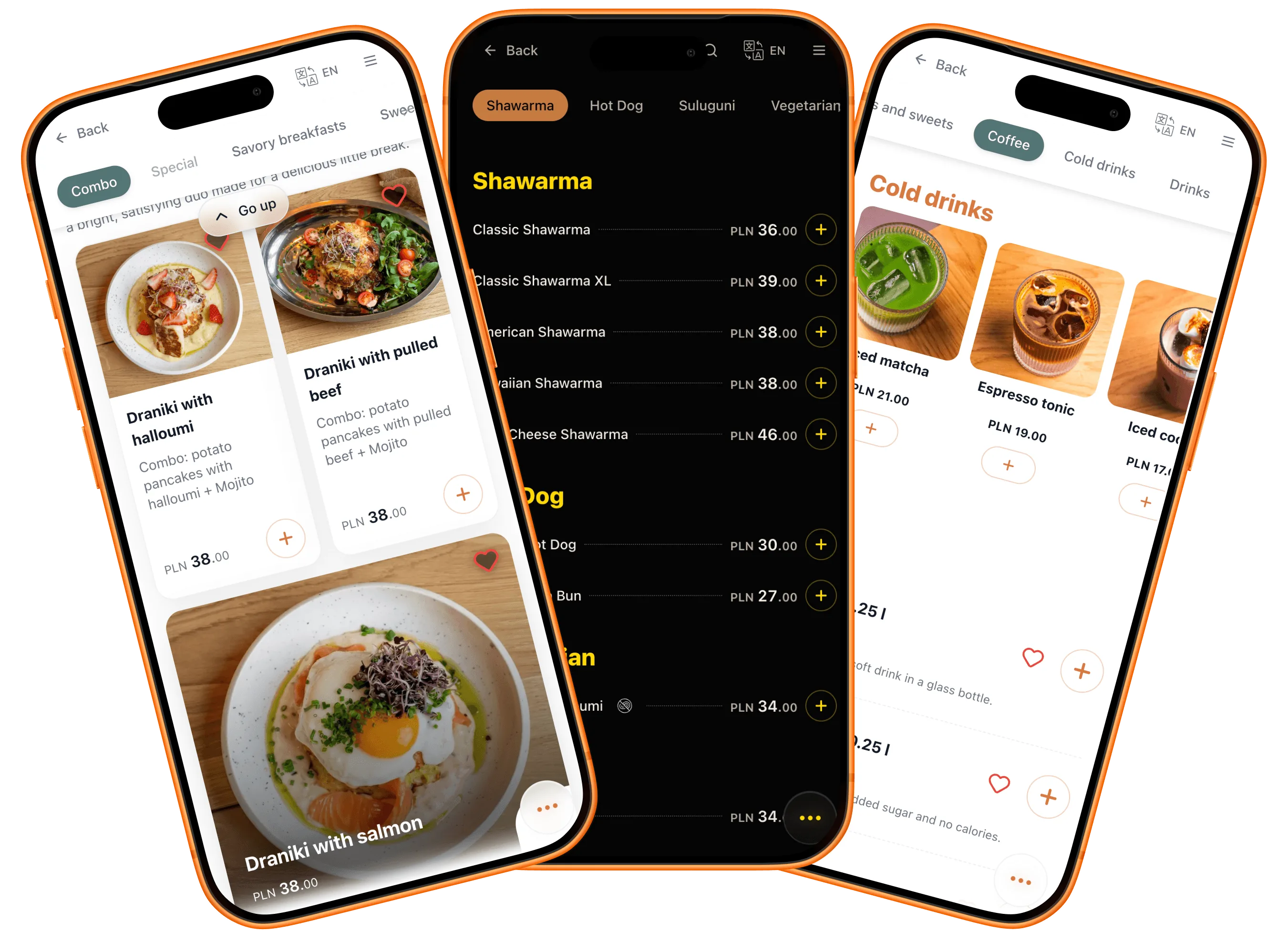 Three phones showing the same QRaff menu in three different layouts and themes