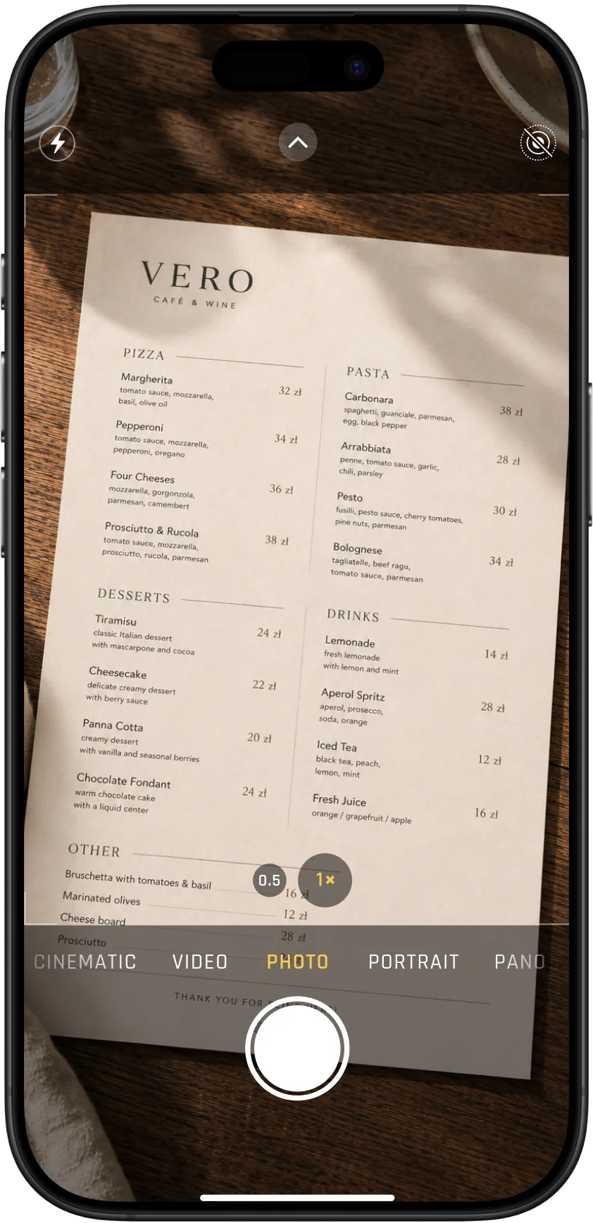 Photo of a paper menu
